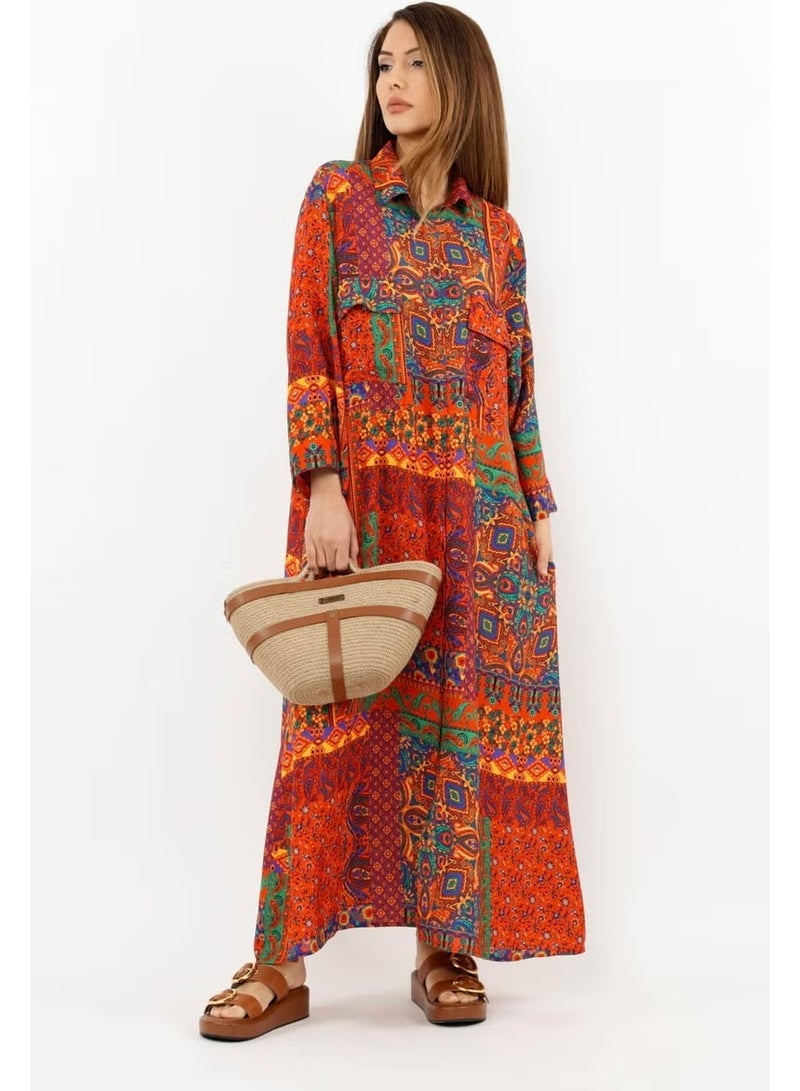 Ritnice Prive Women's Ethnic 100% Viscose Red Shirt Collar Front Buttoned Long Summer Dress - Image 4